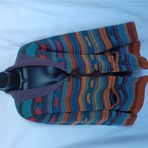 Back in the Saddle Chocolate & Turquoise Aztec Print Cardigan Sz XL. EUC, 26"PTP